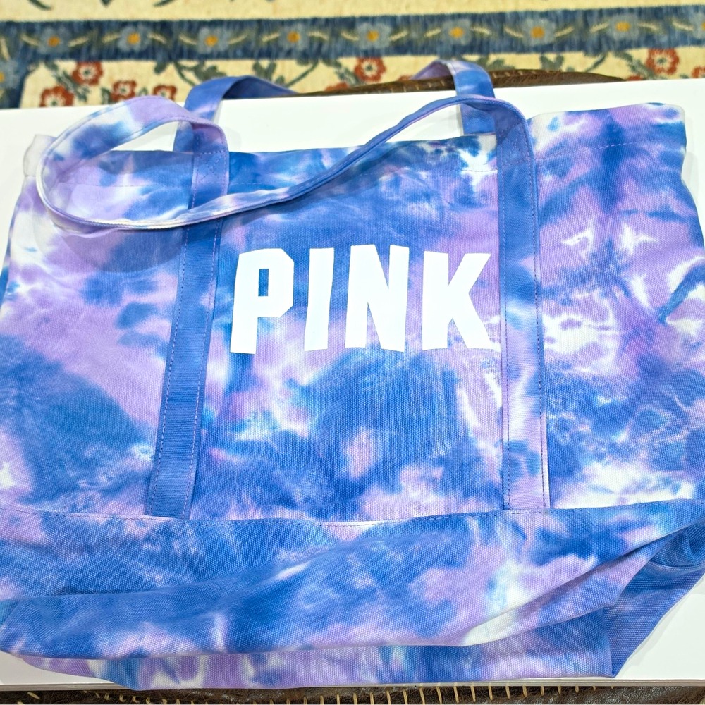 PINK Womens Purple White Tie Dye Logo Tote Bag Double Handles Zip Closure Canvas